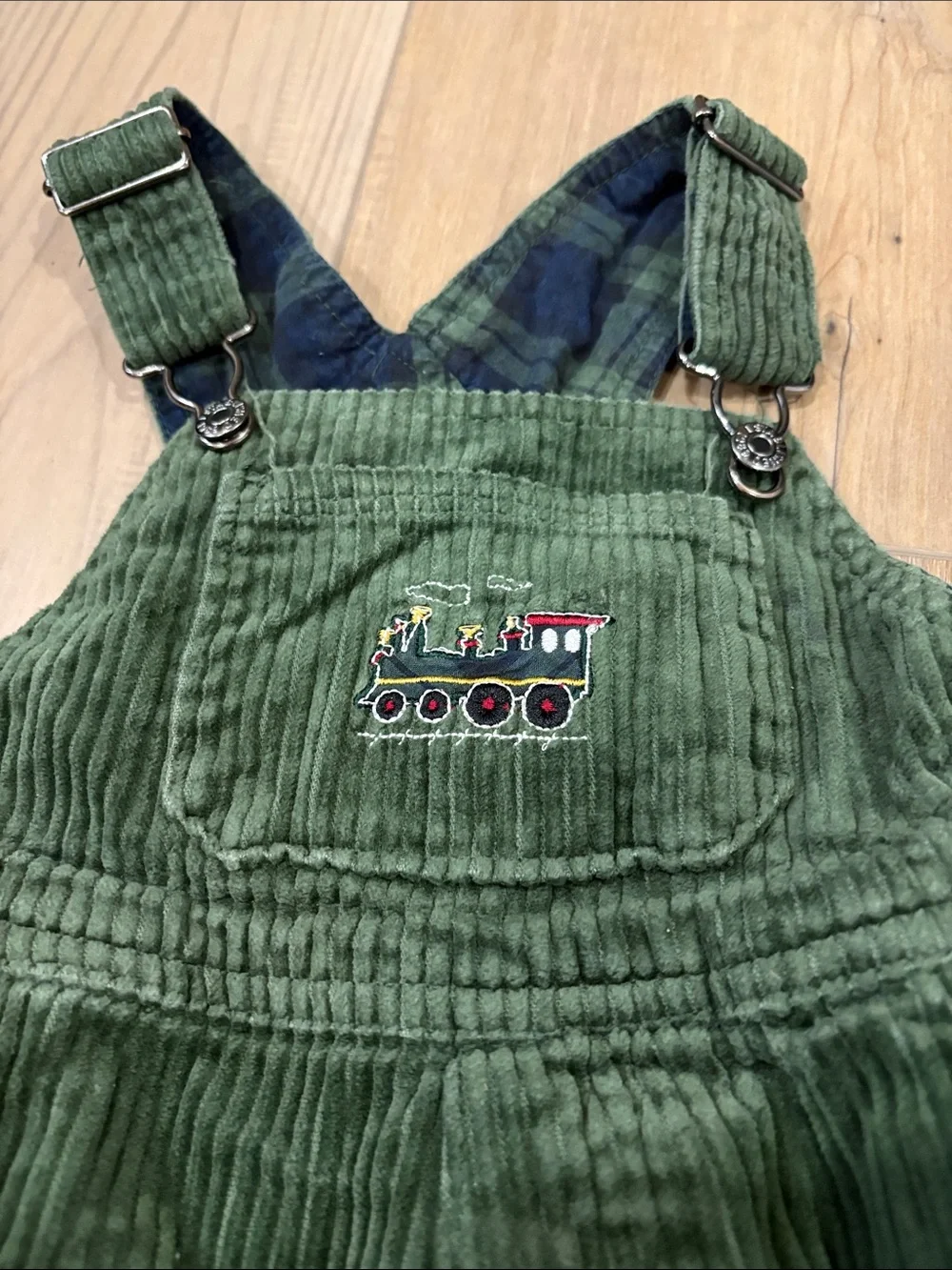 The Children’s Place Vintage Cotton Green Corduroy Overalls Train Embroidery 18m